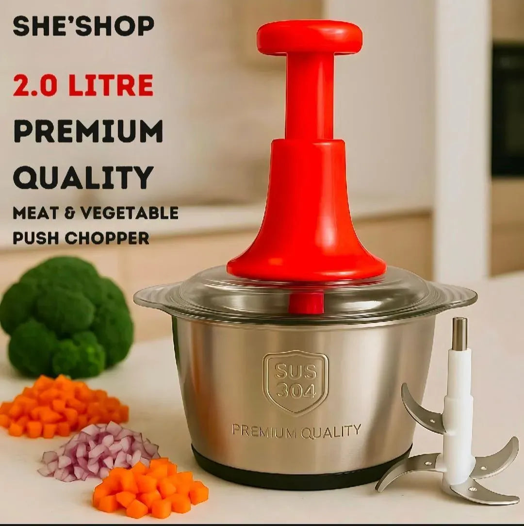High Quality 2L Stainless Steel Food Chopper 4 Curved Blades Hand Push Vegetable Meat Cutter